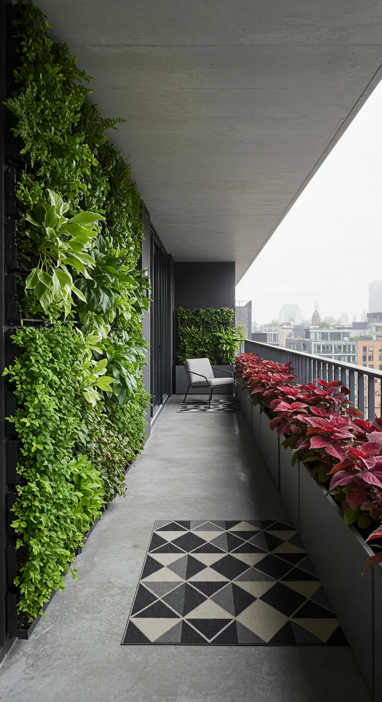 A modern narrow balcony with a full-height green wall and red plants in rail planters.