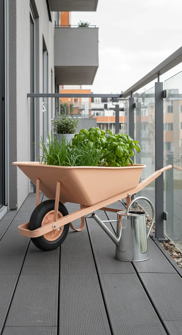 A modern apricot-colored wheelbarrow with basil and chives on a grey composite balcony deck.