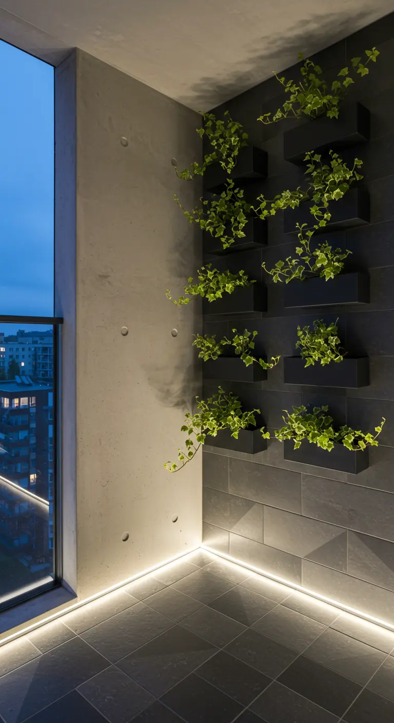 Minimalist balcony with concrete walls, black planters with ivy, and glowing LED floor lights.