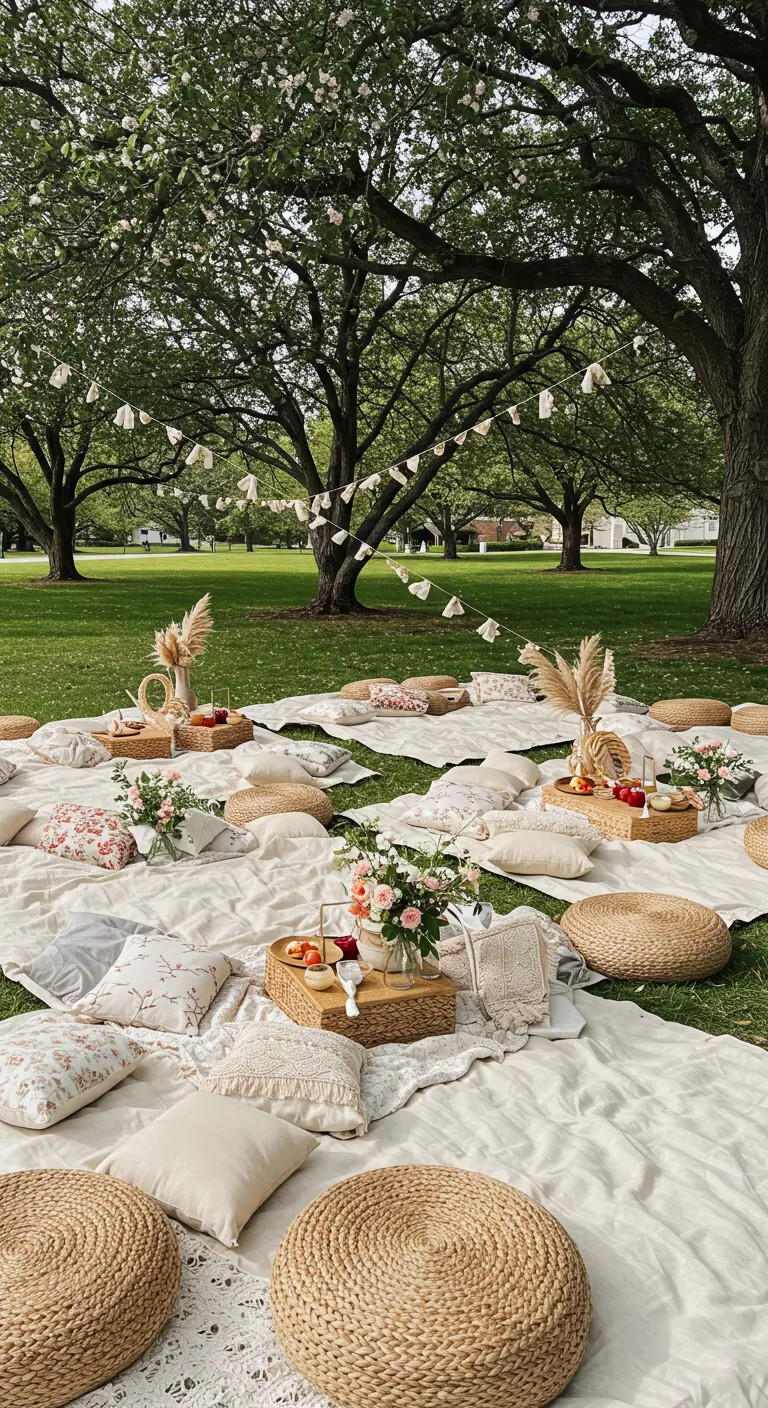A large picnic setup with many blankets, pillows, and low trays scattered under trees.