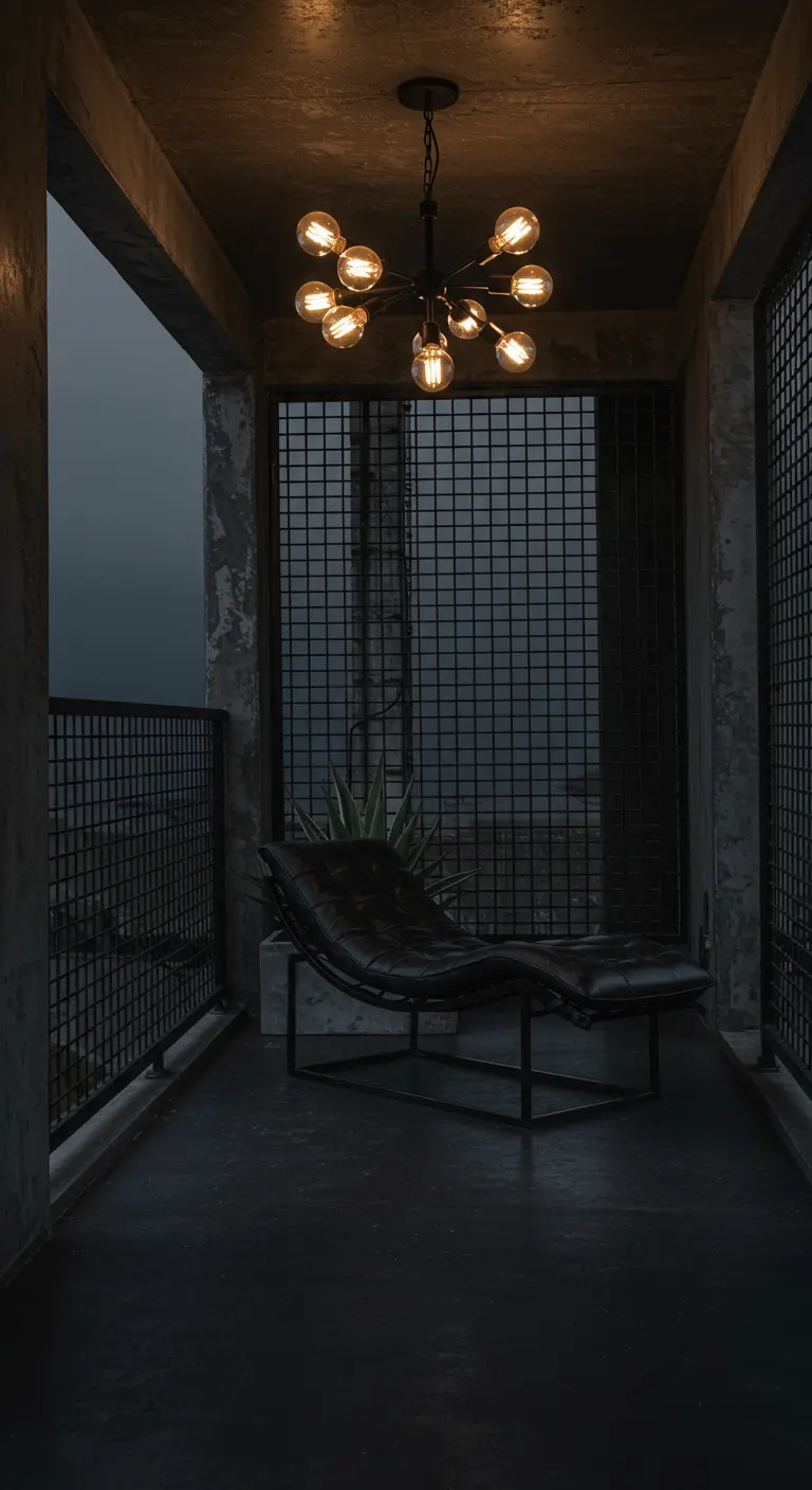 Dark, moody industrial balcony with a black leather chaise lounge and mesh railings.