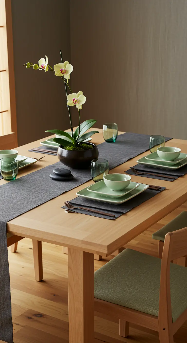 Minimalist table setting with a single potted orchid centerpiece and green ceramic dishes.