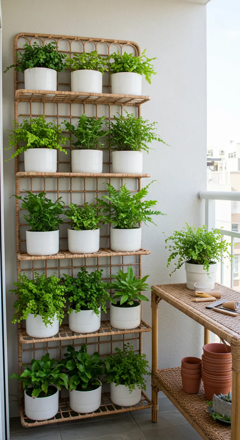 A tall rattan shelving unit filled with ferns in matching white pots on a balcony.