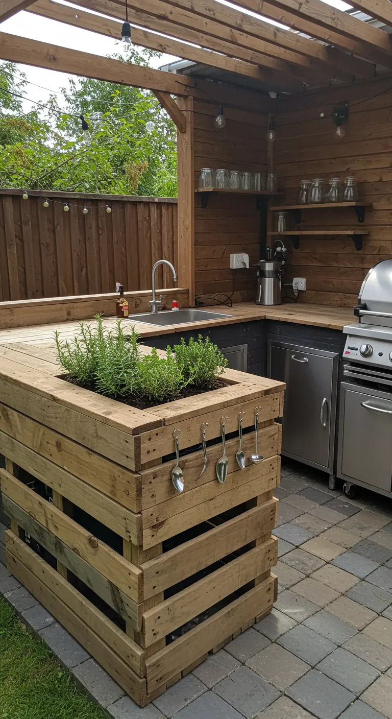 A pallet wood outdoor kitchen island with a built-in herb planter in the center.