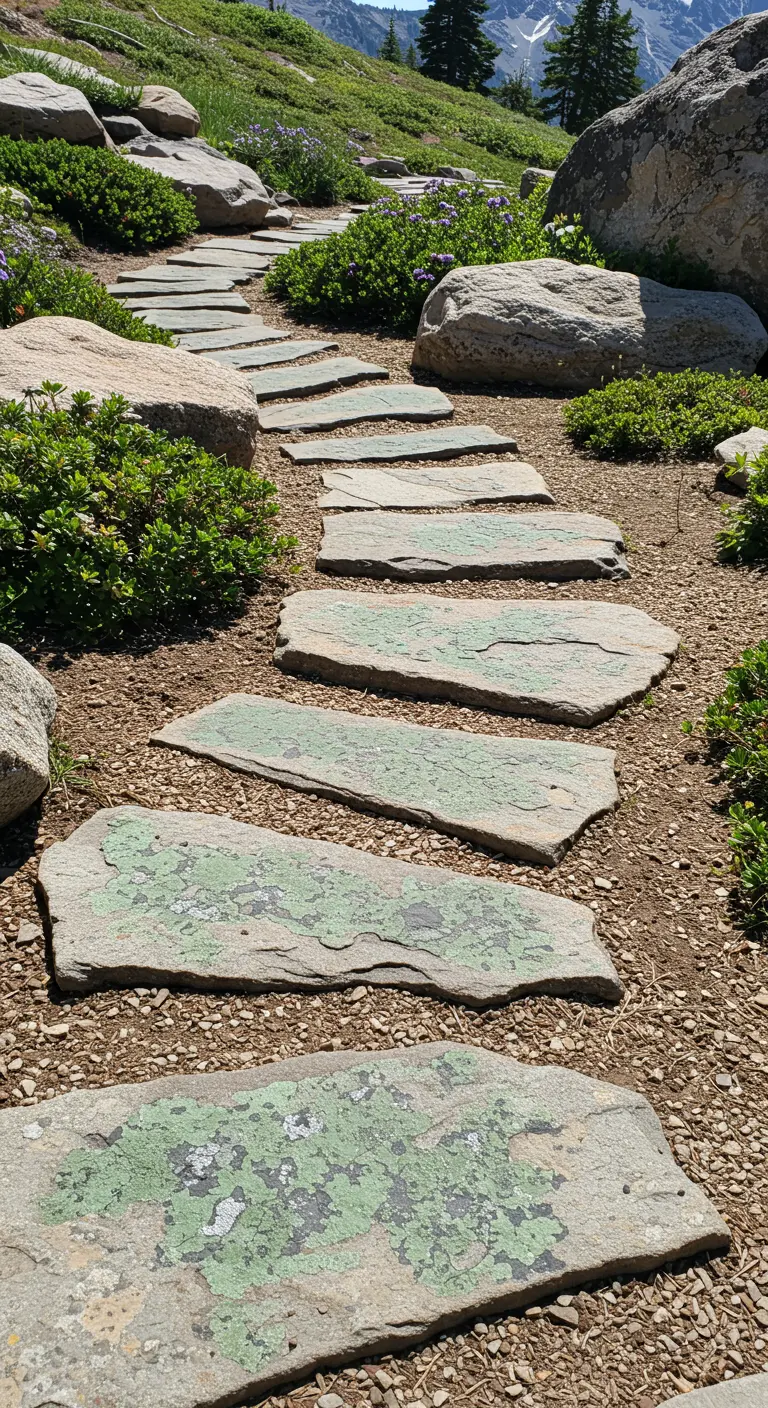 Irregular flagstone path with stones painted to look like they are covered in green lichen.