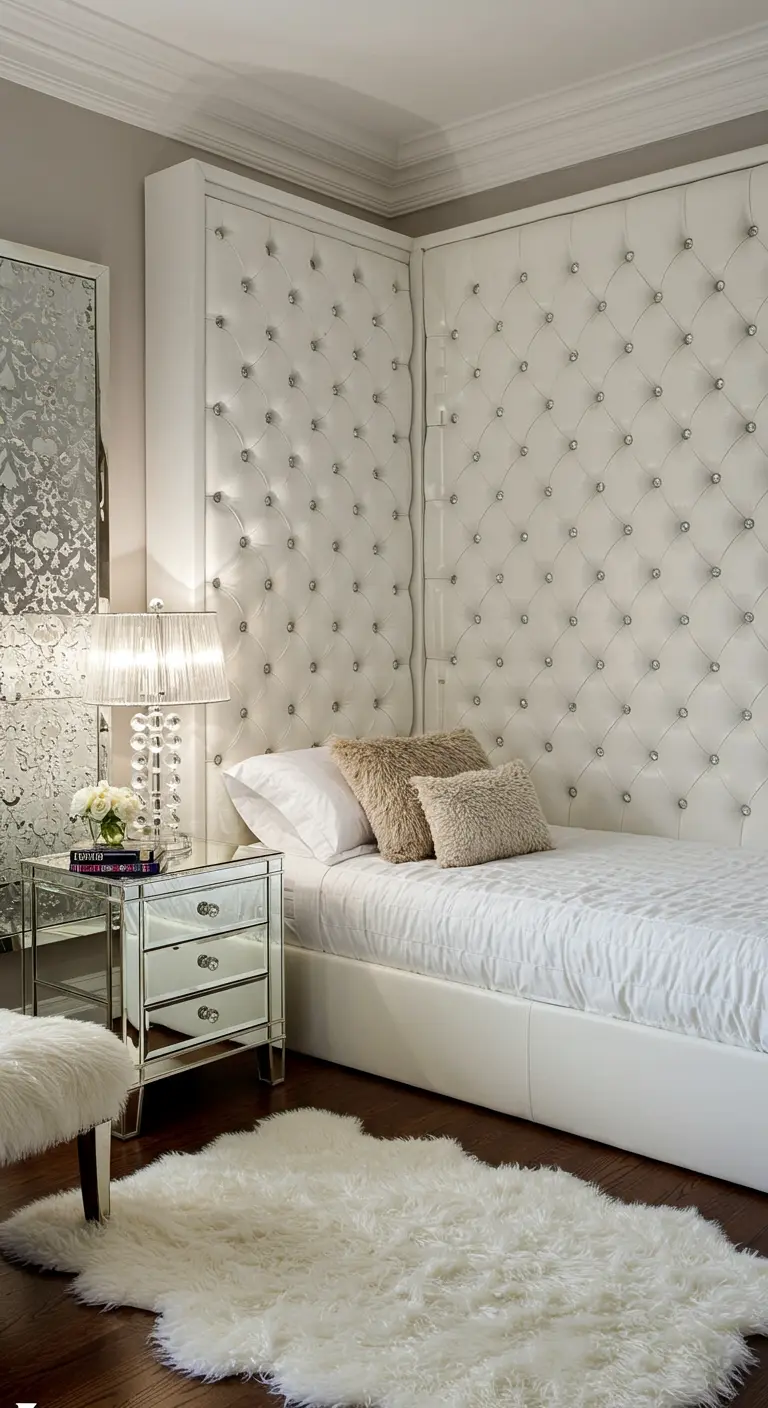 A Murphy bed set against a glamorous, full-wall white tufted headboard with crystals.