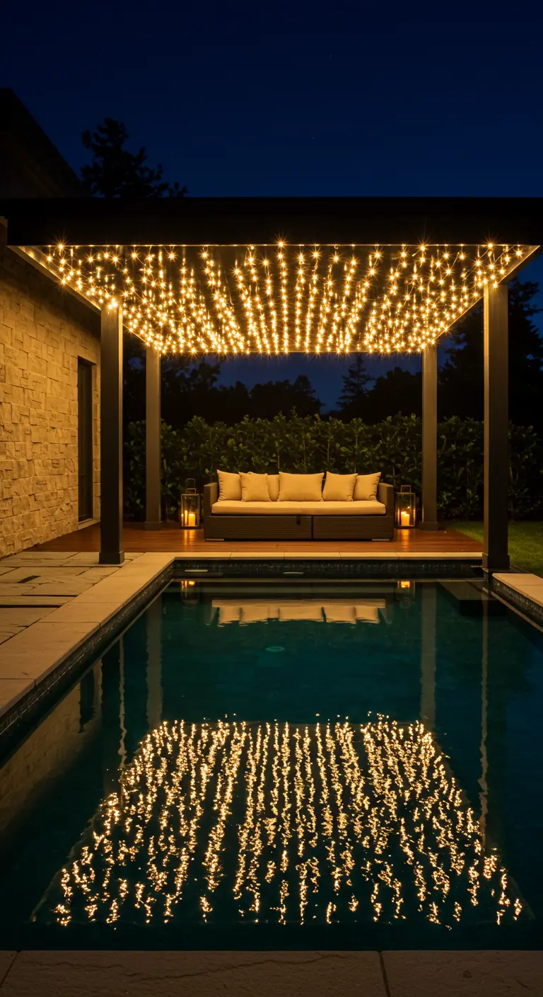 A poolside pergola with a ceiling of fairy lights, their glow reflecting beautifully in the water.