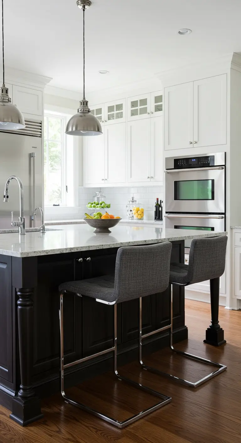 Classic black and white kitchen with a large black island and chrome pendant lights.