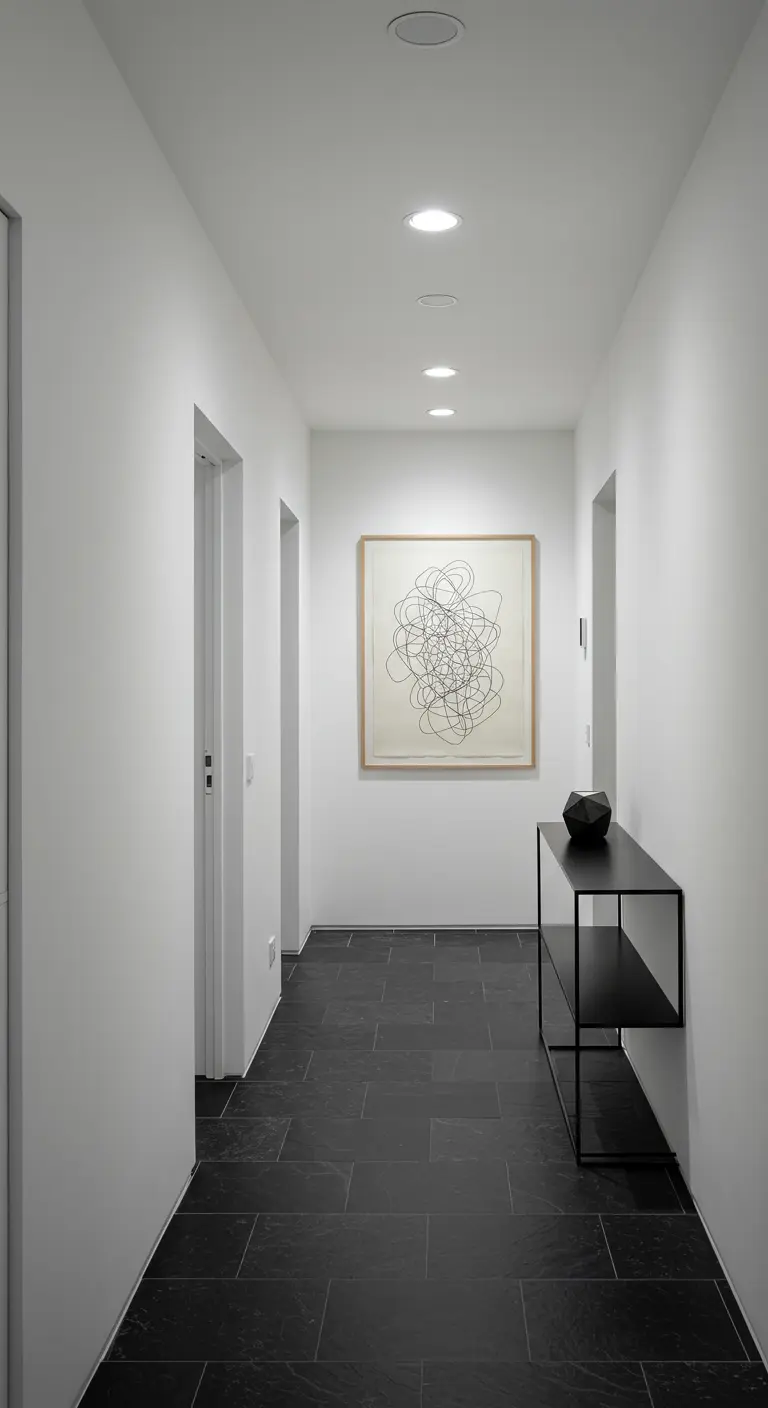 Stark minimalist hallway with white walls, black slate floor, and one large piece of abstract art.