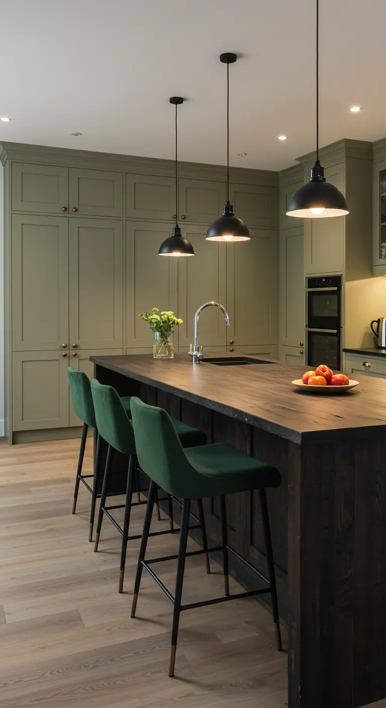 Kitchen with olive green cabinets, a dark wood island, and emerald green velvet bar stools.