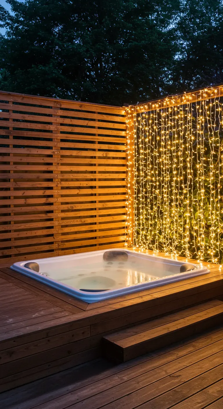 A hot tub on a wooden deck with a curtain of fairy lights creating a glowing wall behind it.