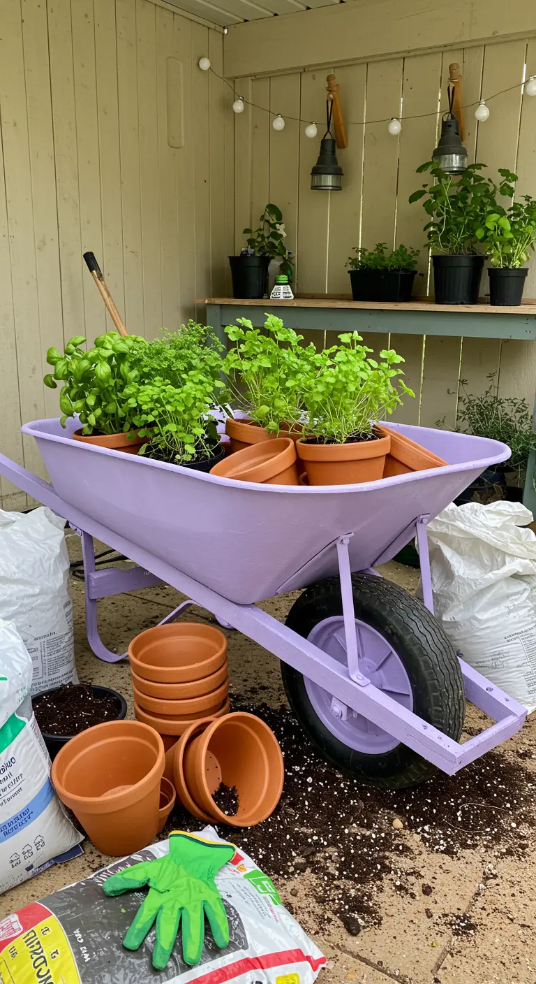 A freshly painted lilac wheelbarrow being filled with terracotta pots of basil and other herbs.