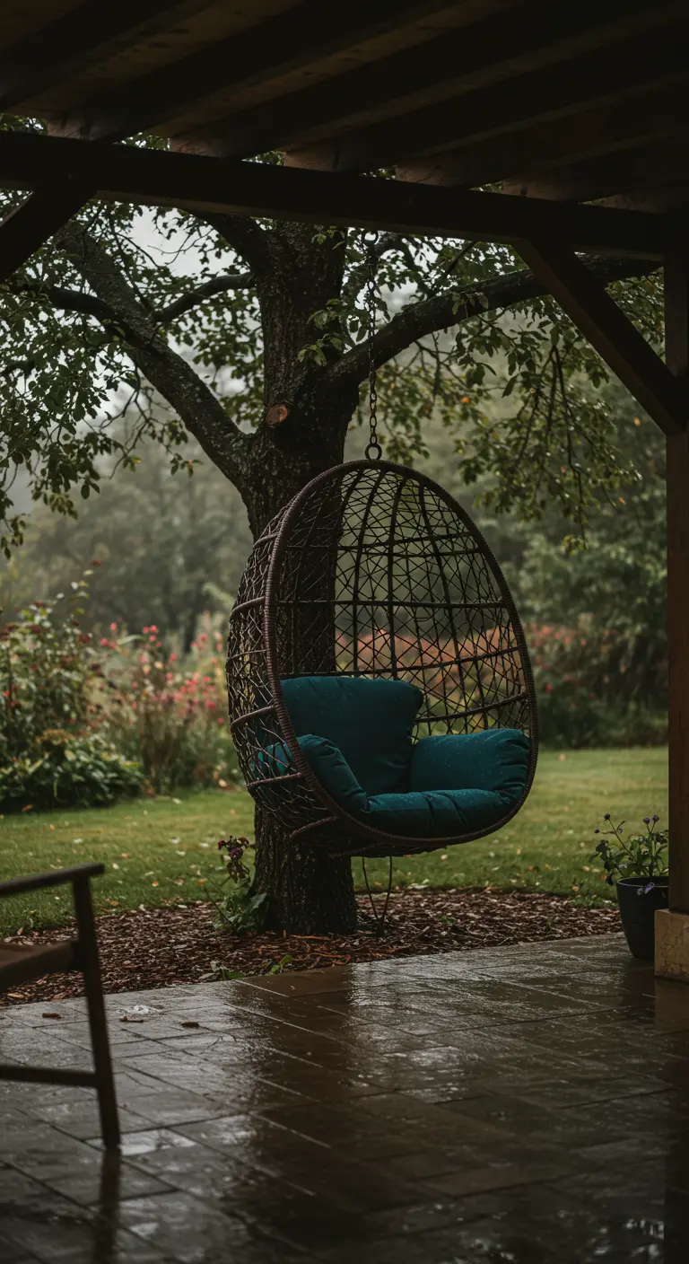 A dark rattan egg chair with teal cushions hanging under a covered porch on a rainy day.