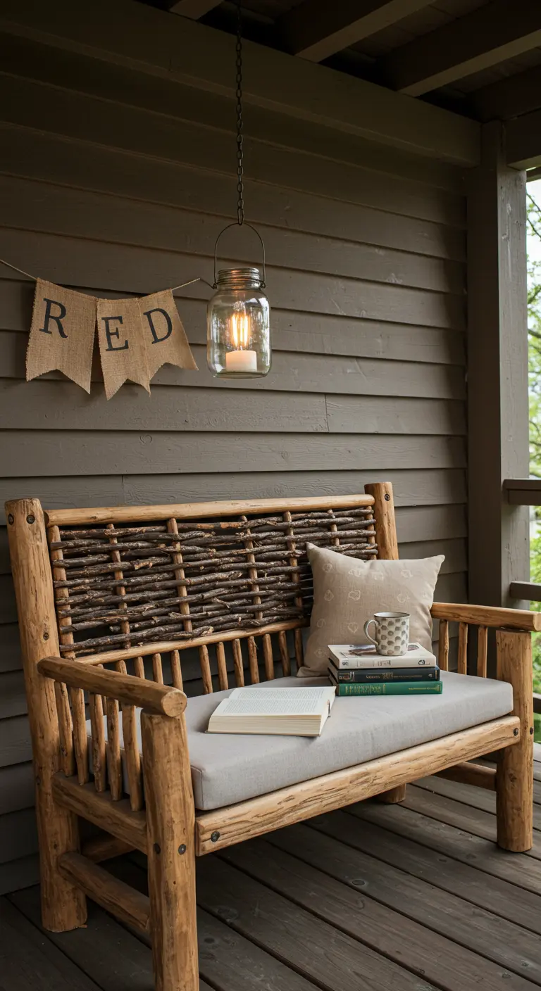 A rustic twig bench with a cushion and books, accompanied by a 'READ' banner.