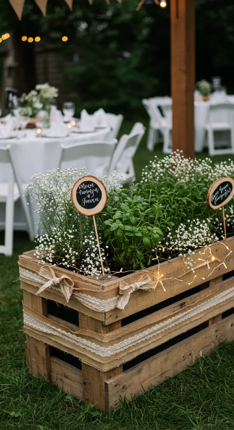A pallet crate filled with herbs and baby's breath, decorated with burlap and fairy lights.