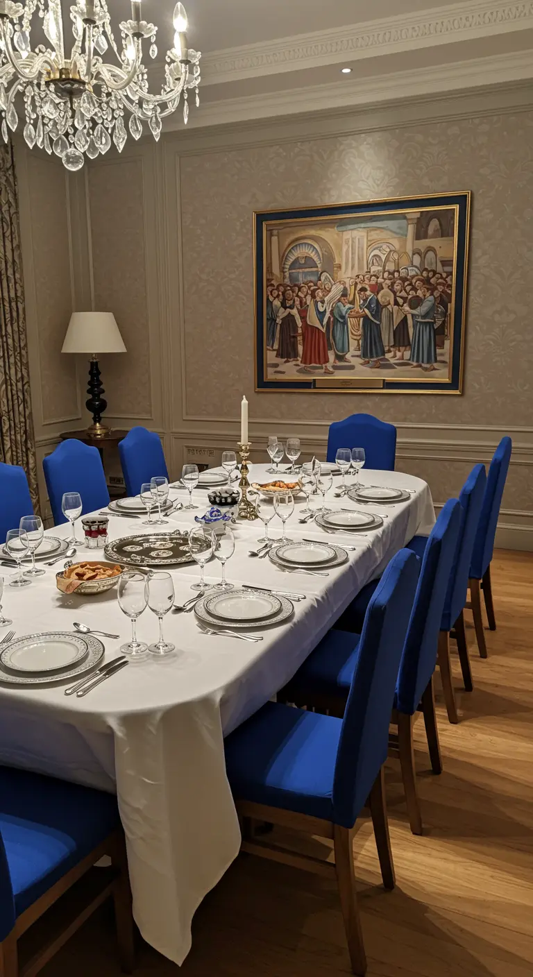 Formal dining room with a long table, white tablecloth, and striking royal blue chairs.