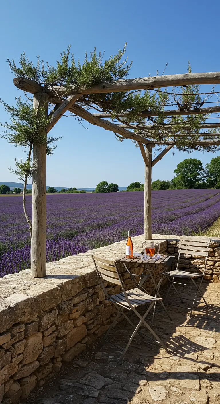 A rustic log pergola on a stone patio overlooking lavender fields in Provence.