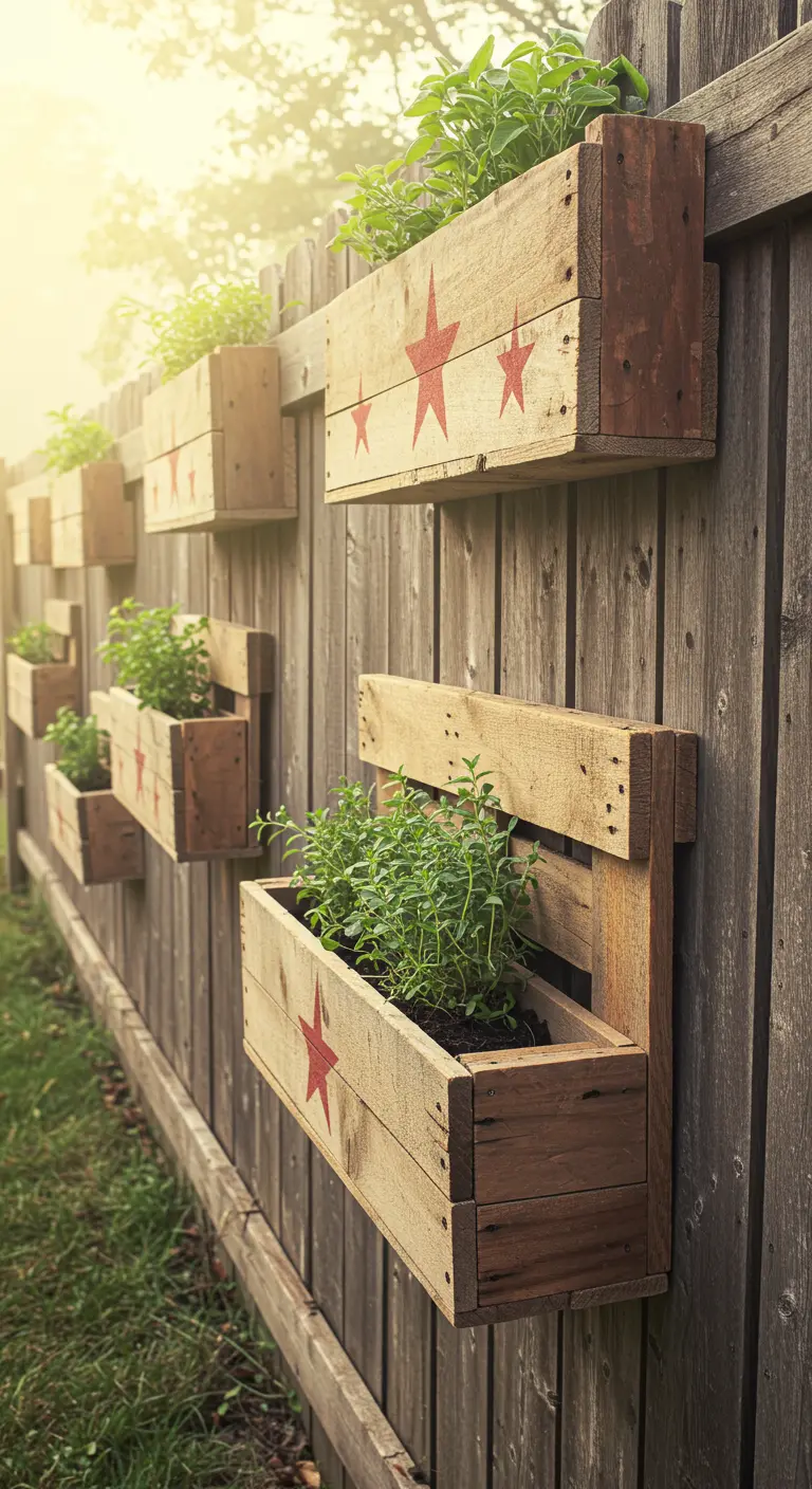 Natural wood pallet planters with red star stencils on a fence.
