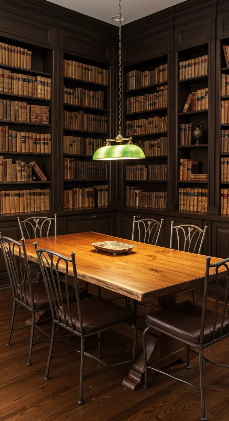 A dining room surrounded by dark wood bookshelves, creating a home library feel.