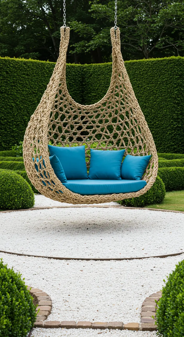 A large, sculptural rope swing chair with blue cushions in a formal garden with hedges.
