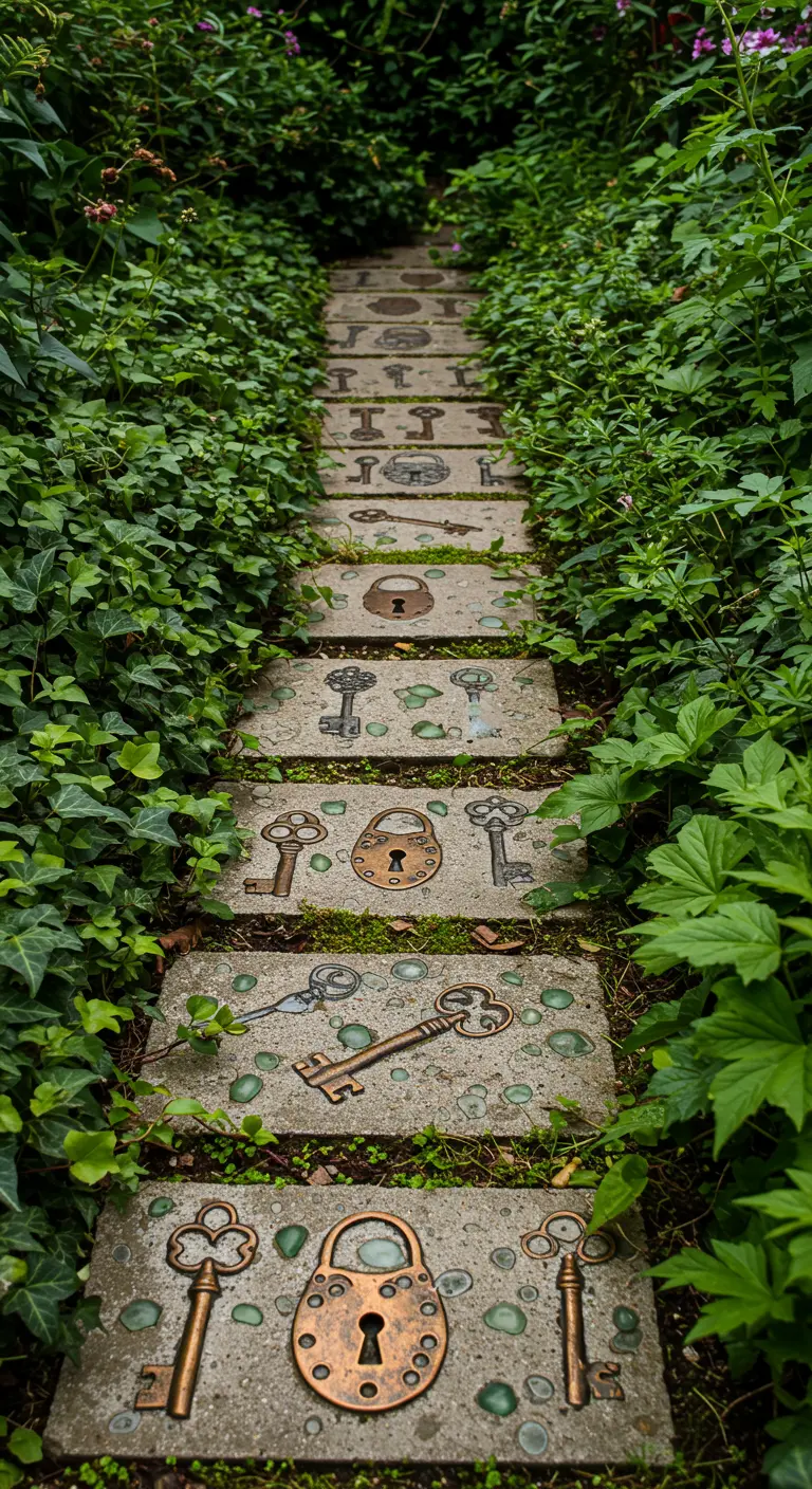 A mossy path with stepping stones decorated with antique keys and locks.
