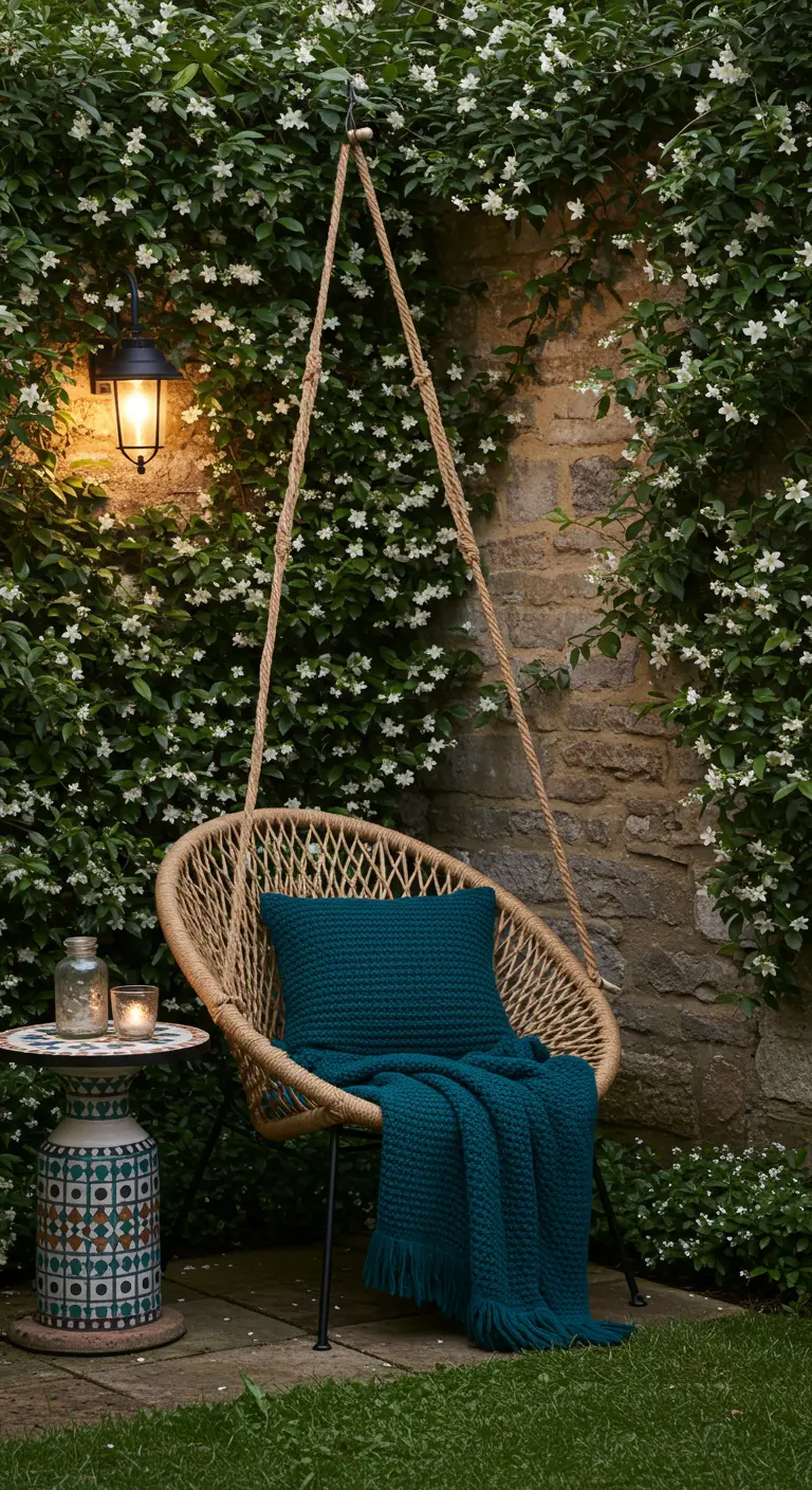 A rattan swing chair with a dark blue pillow set against a stone wall covered in white jasmine.