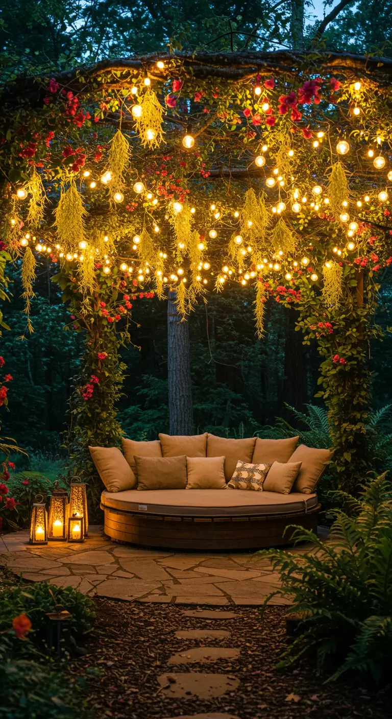 A round daybed in the woods sits under a canopy of flowers, moss, and glowing string lights.