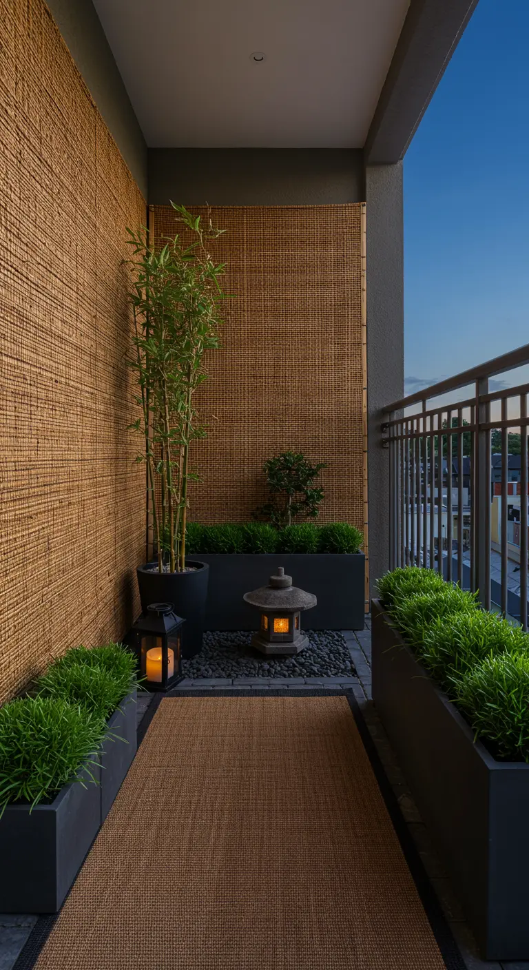 A zen-inspired balcony with bamboo screening, a stone lantern, and a jute runner.