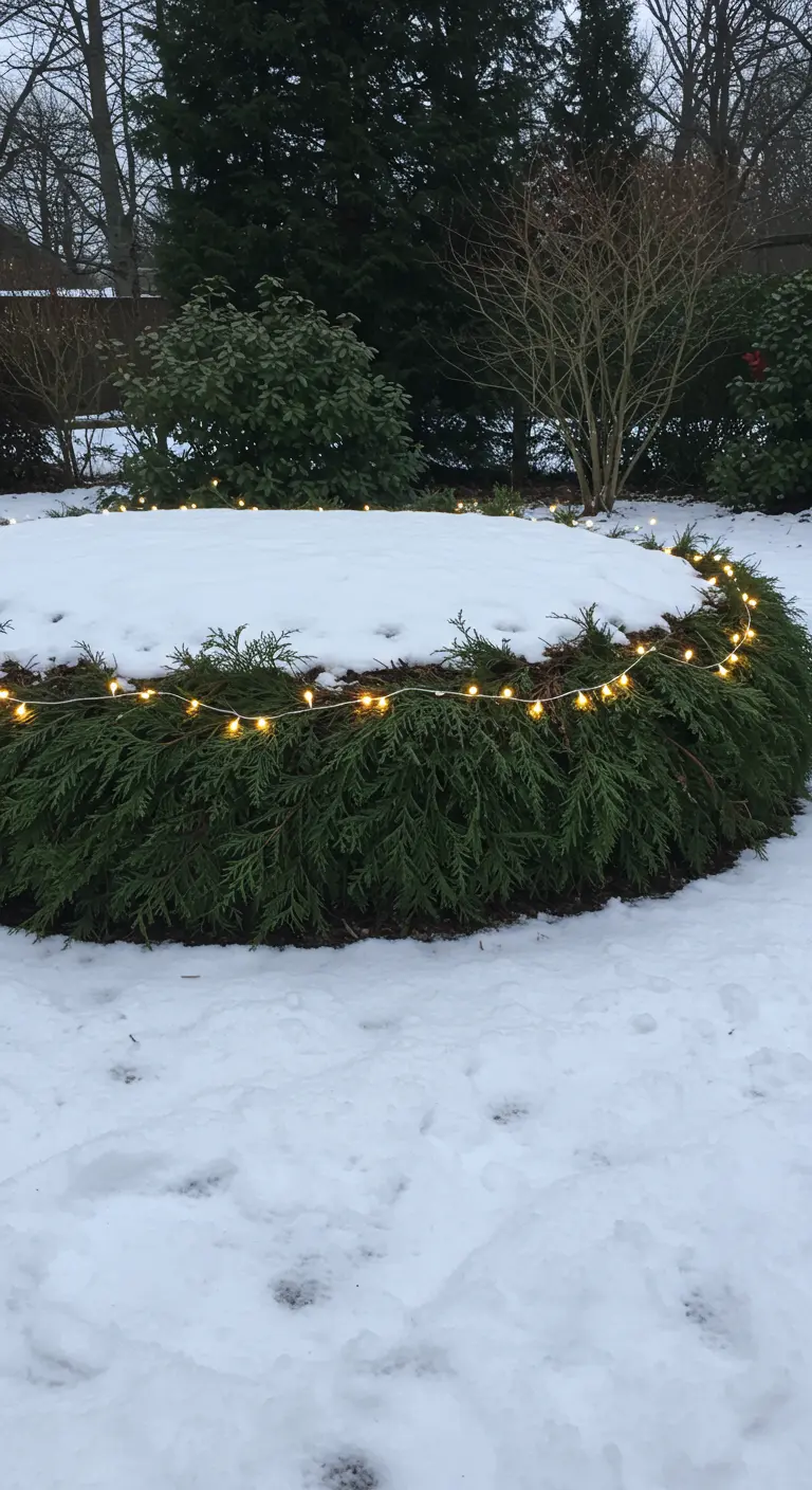 A snow-covered round hedge simply wrapped in a spiral of warm string lights.