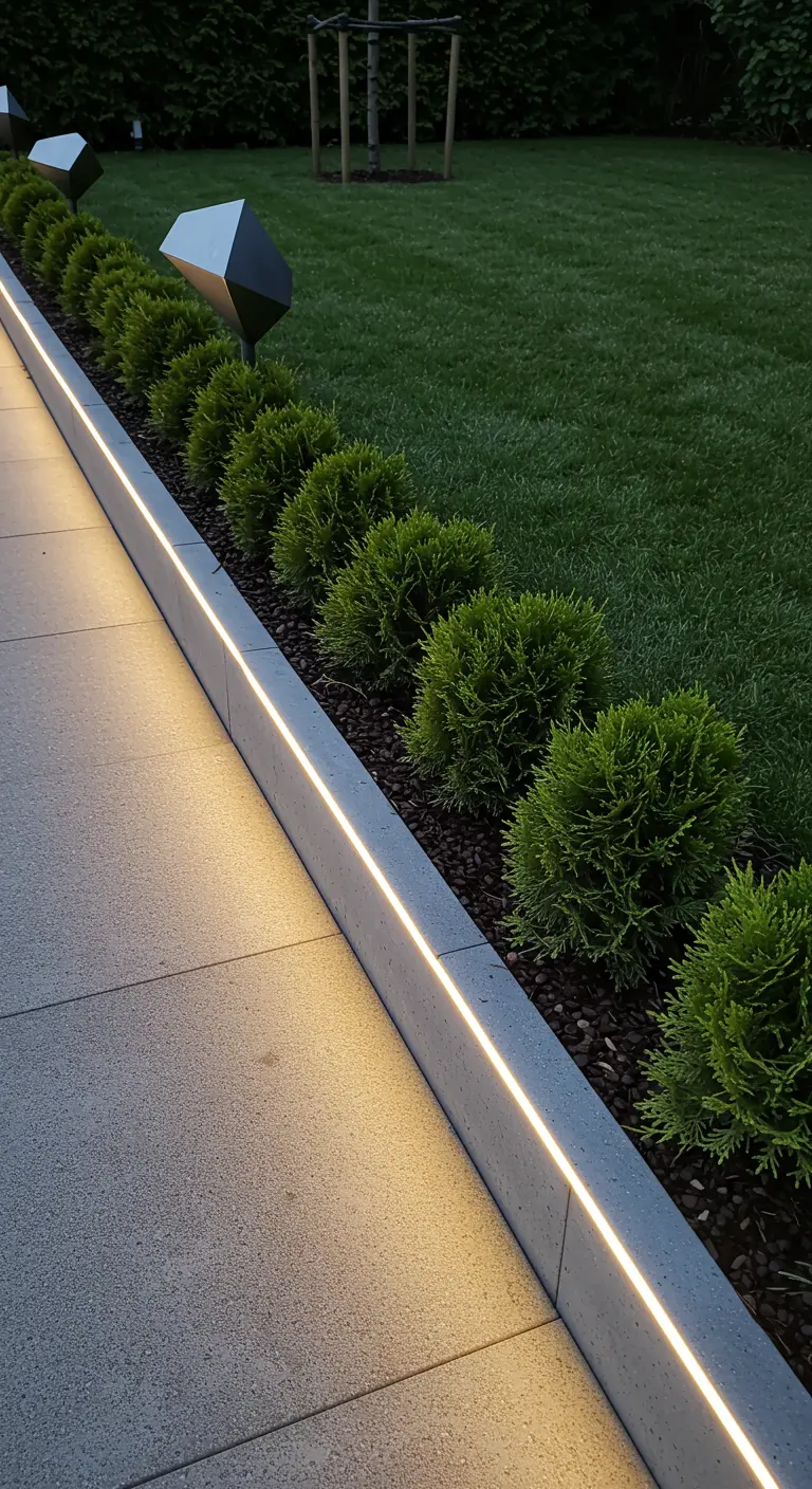 A modern concrete garden bed edge with a built-in, glowing LED light strip.