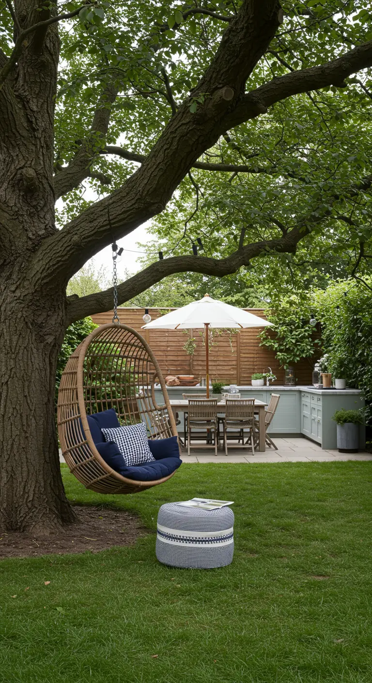 A rattan egg chair with blue cushions acting as accent seating in a backyard with a dining area.