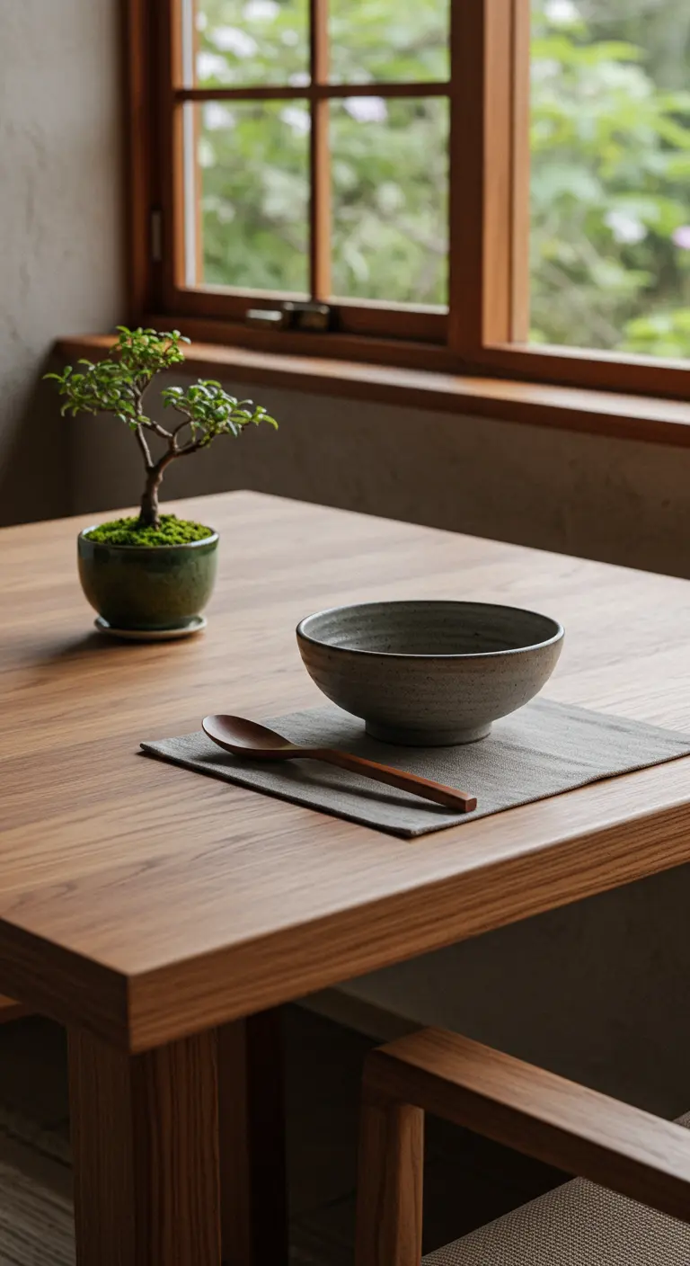 A simple table setting for one with a ceramic bowl and a small bonsai tree.