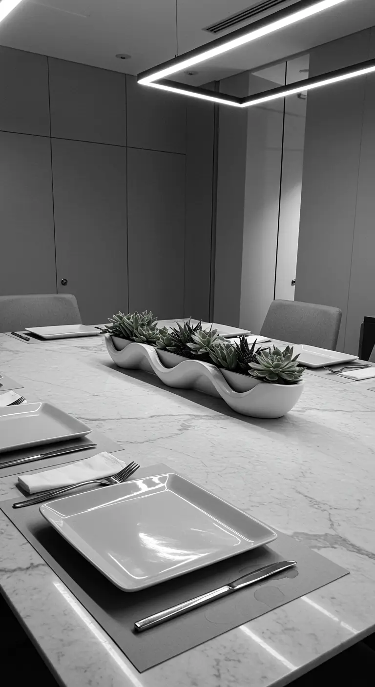 A long, wave-shaped white planter with succulents on a modern dining table.