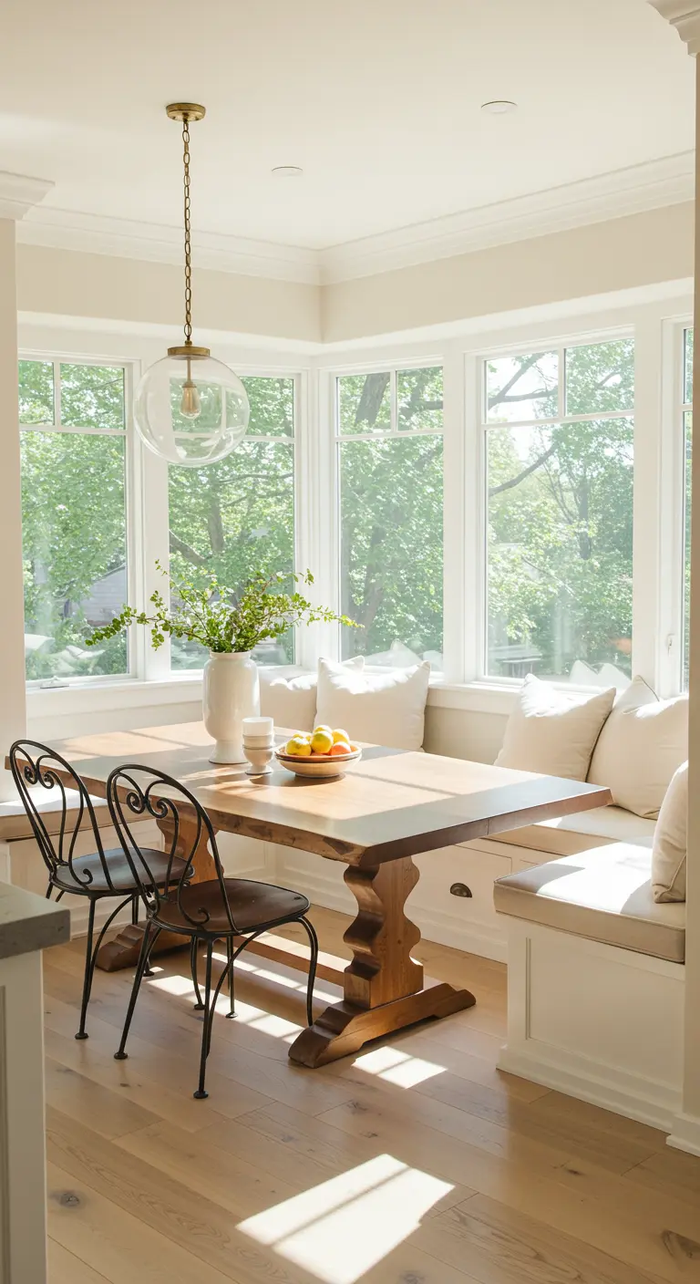 Sun-drenched breakfast nook with a wooden trestle table and built-in seating.