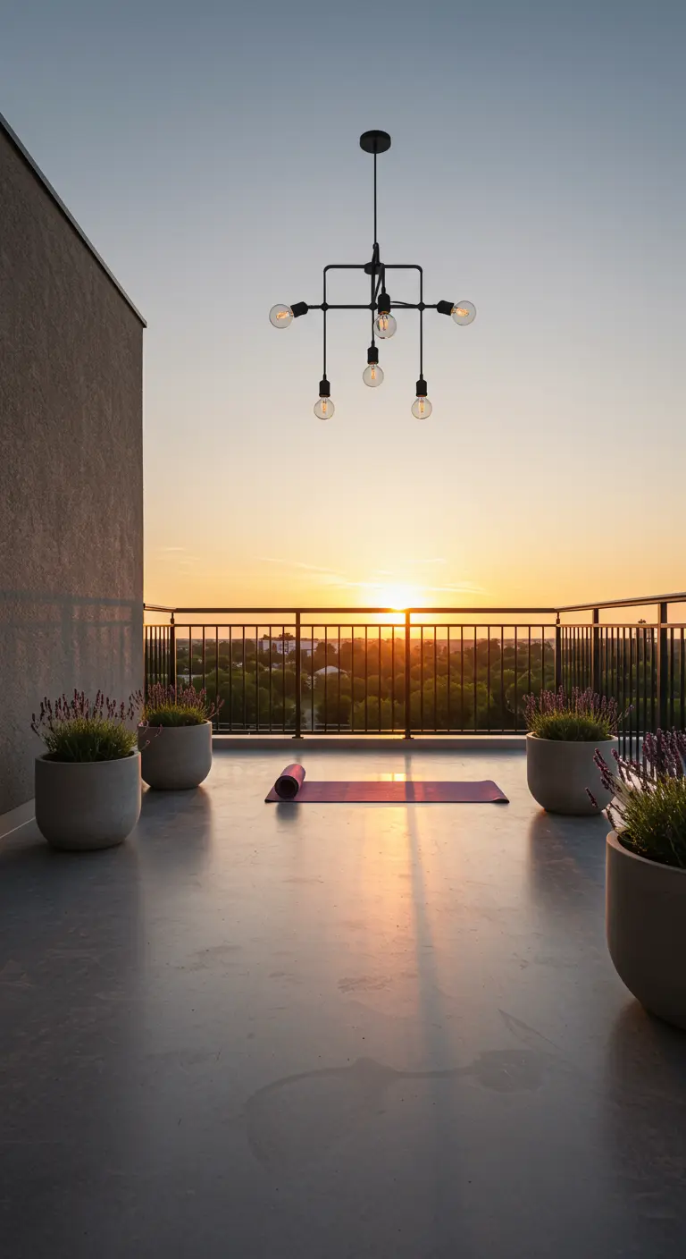 A yoga mat on a spacious, clean balcony overlooking a beautiful sunset.