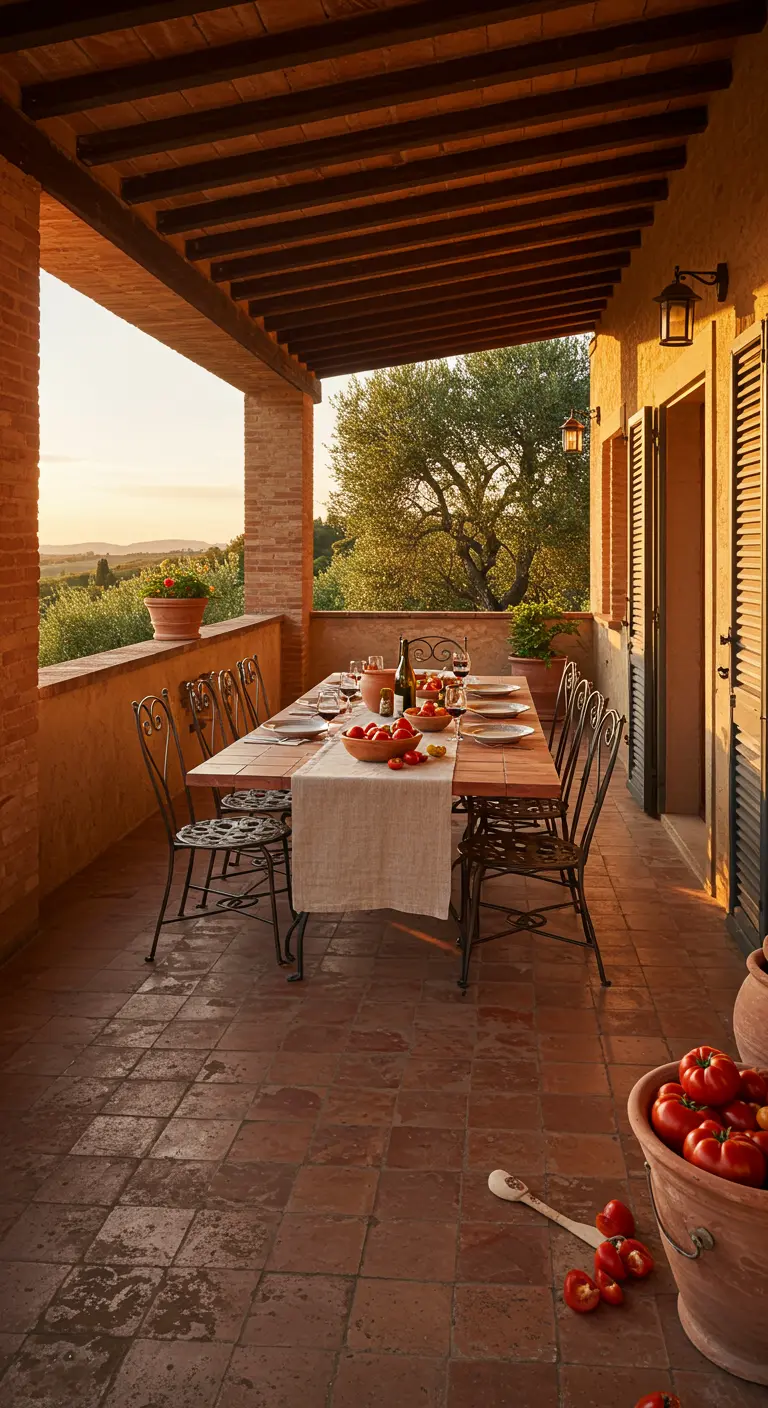 Long terra cotta dining table on a covered patio overlooking Tuscan hills at sunset.