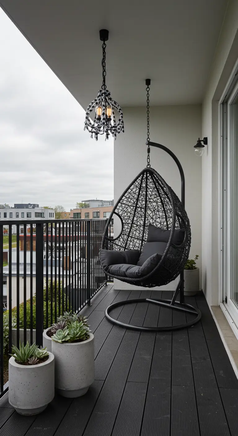 A black hanging egg chair on a dark-decked balcony with succulent planters.