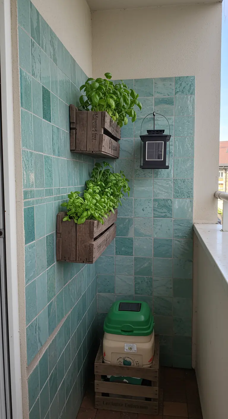 Balcony with aqua tiles, upcycled wooden crates used as planters for herbs, and a solar lantern.
