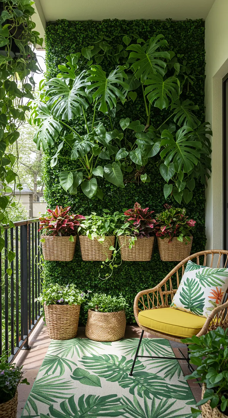A lush balcony with a faux green wall layered with real monstera plants and wicker baskets.