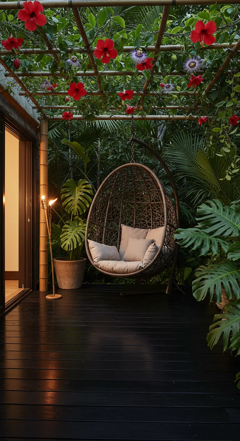 A dark wood deck with a hanging egg chair under a canopy of hibiscus and passionflower.