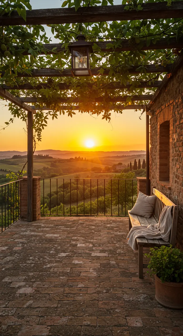 A rustic wooden pergola with grapevines overlooks a rolling landscape at sunset.