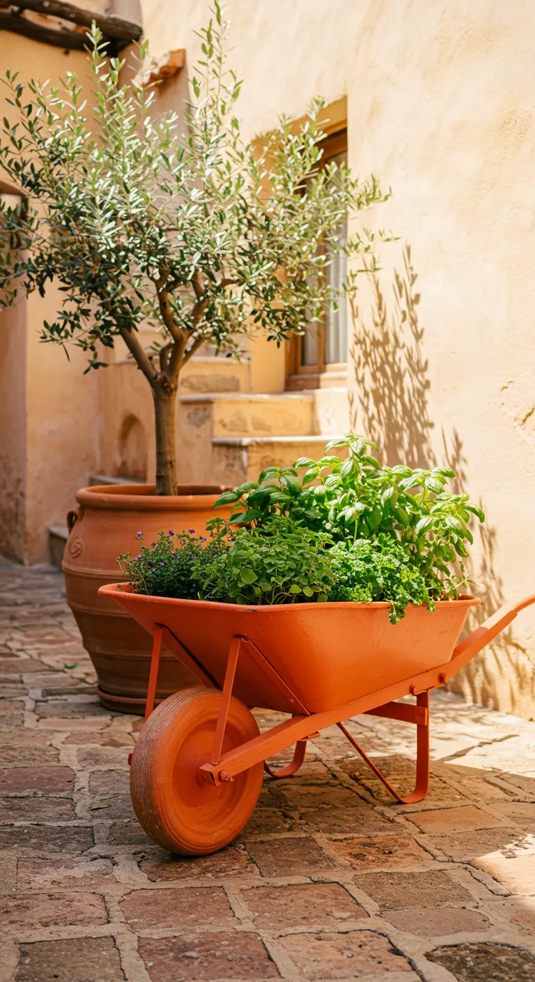 A terracotta-orange wheelbarrow filled with basil, parked on a stone patio near an olive tree.