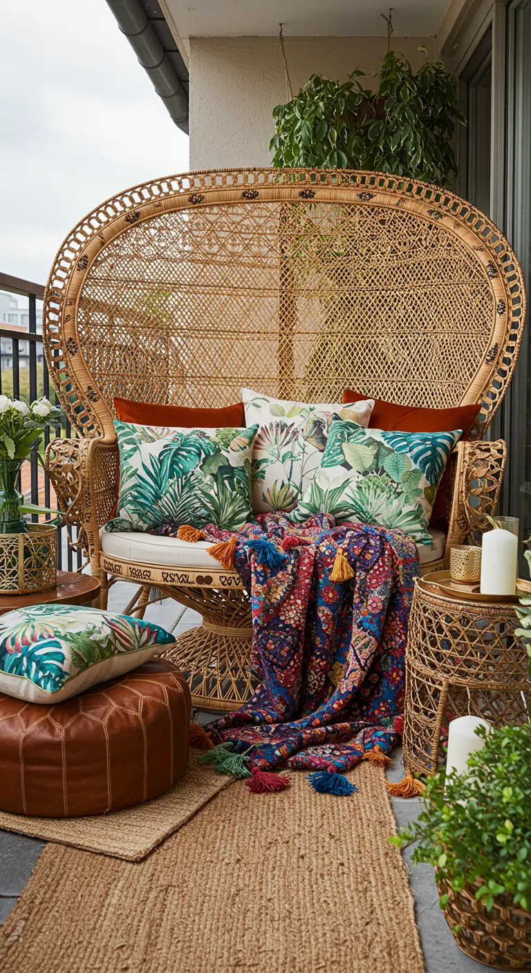 A large rattan peacock chair on a balcony, adorned with tropical pillows and a throw.
