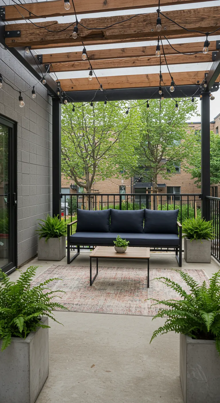 Covered patio with a pergola, string lights, and lush ferns in concrete pots.