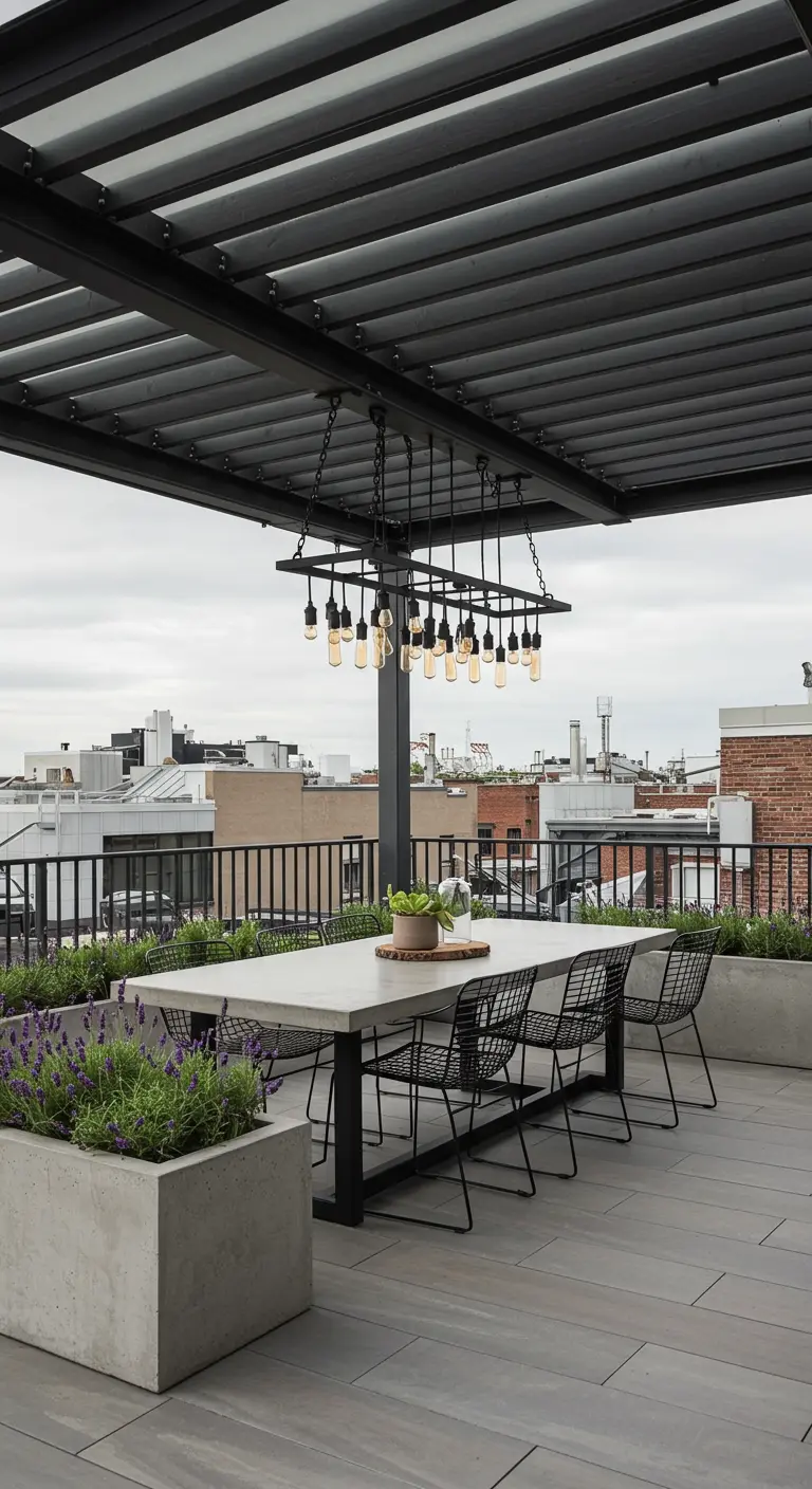 Rooftop terrace with a large dining table under a rectangular Edison bulb fixture.