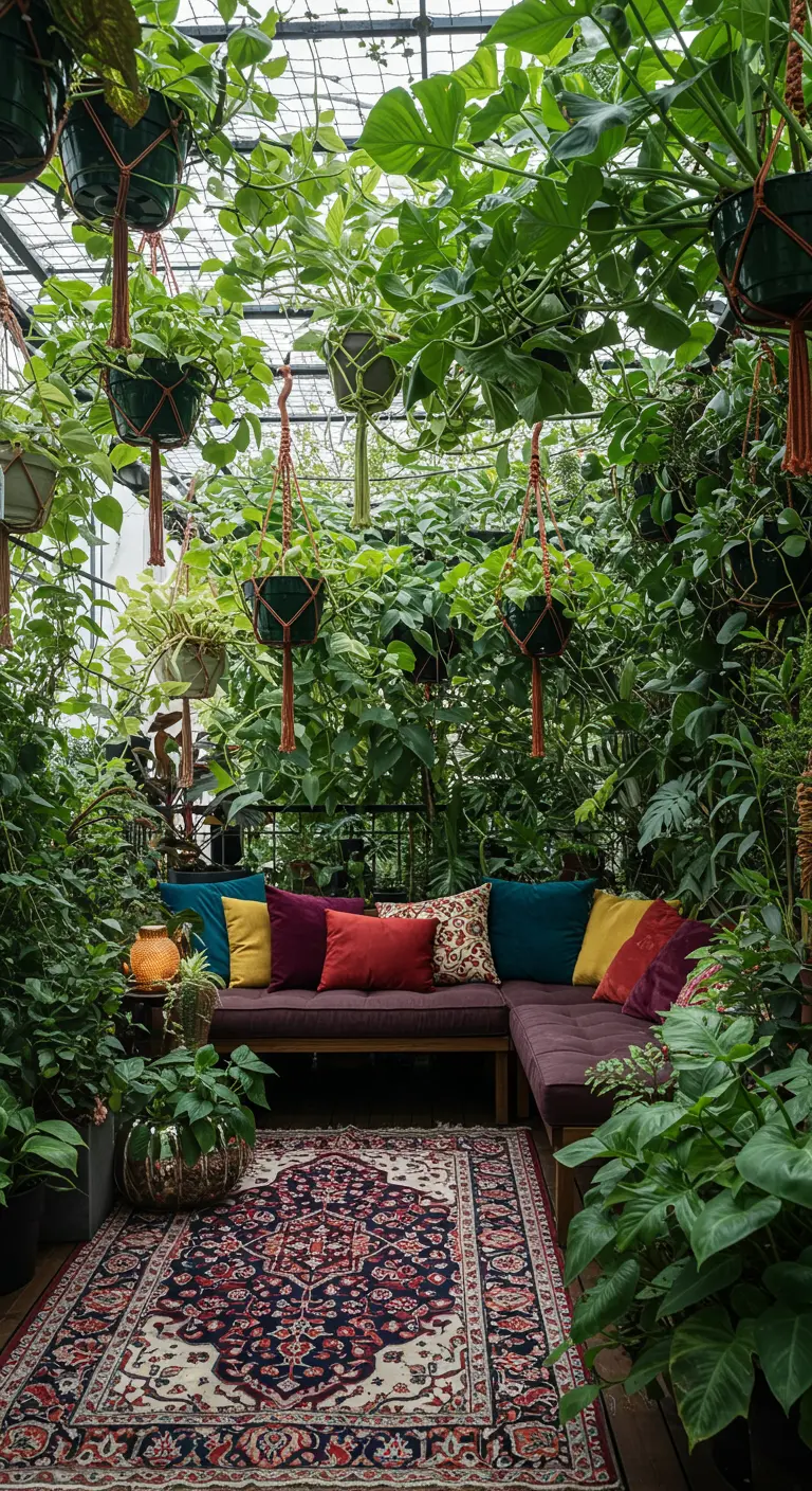 A balcony completely filled with plants, creating a dense jungle effect.
