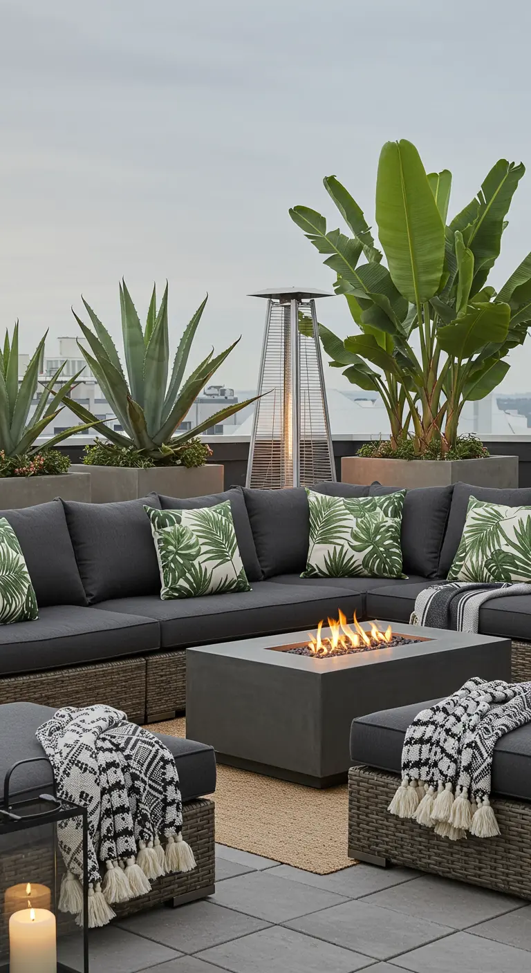 A modern rooftop sectional with a concrete fire pit, palm-print pillows, and tasseled throws.
