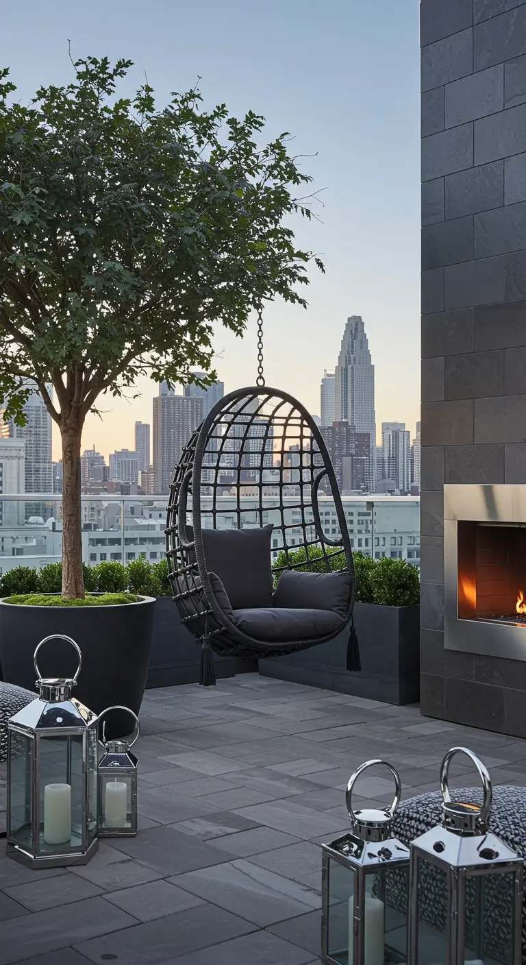 A dark egg chair with gray cushions hanging on a modern city rooftop terrace with a fireplace.