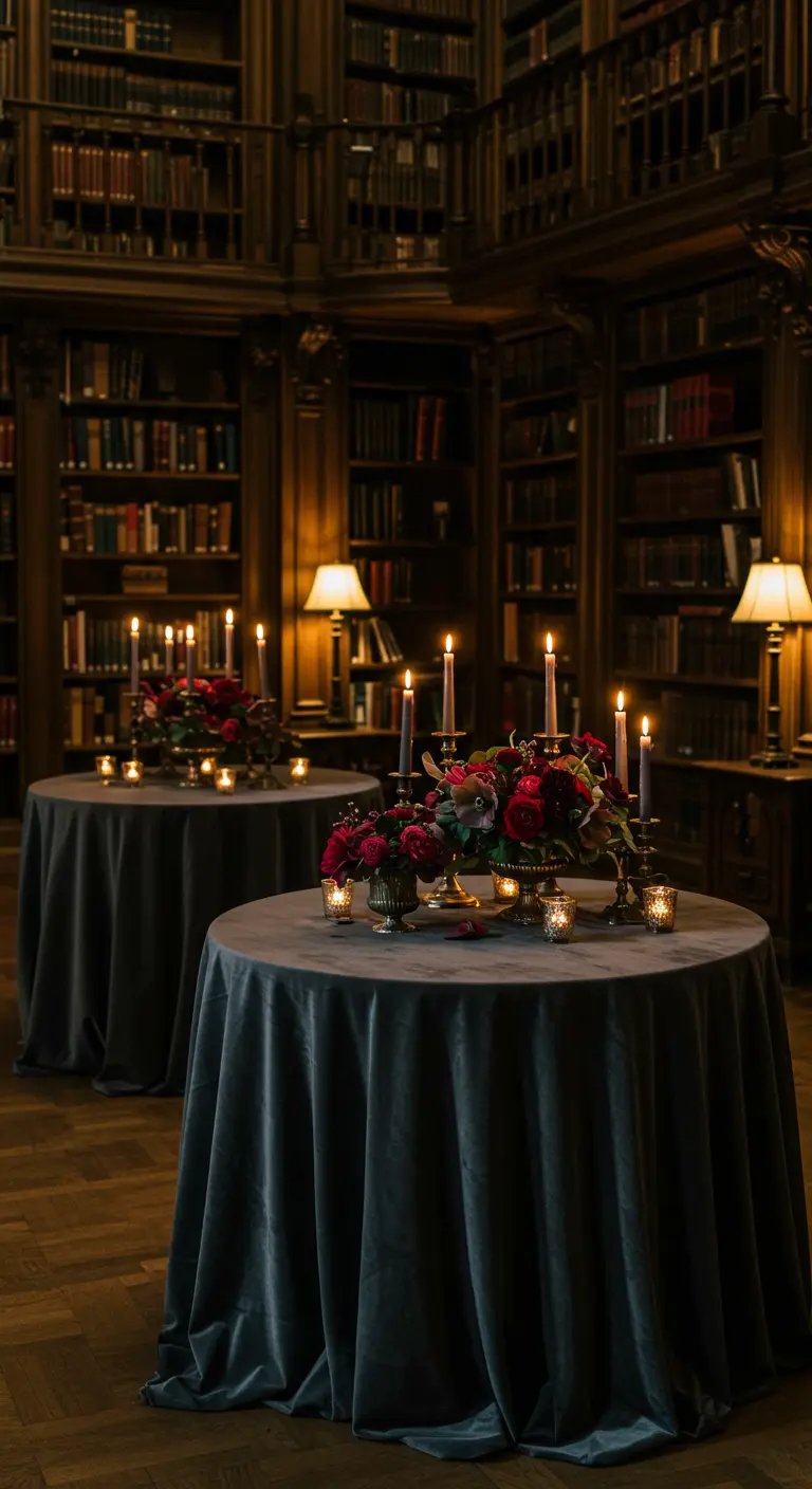 Moody library cocktail tables with gray velvet cloths, brass candelabras, and small floral arrangements.