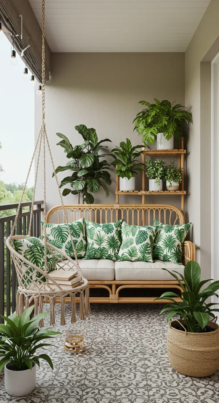 Balcony with a rattan sofa, macrame hanging chair, and a tiered stand of houseplants.